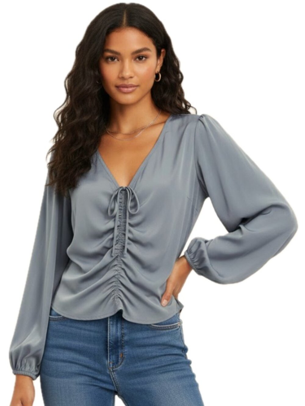 NWT Abercrombie & Fitch | Slate Blue Ruched Front Long Sleeve Blouse Size Medium